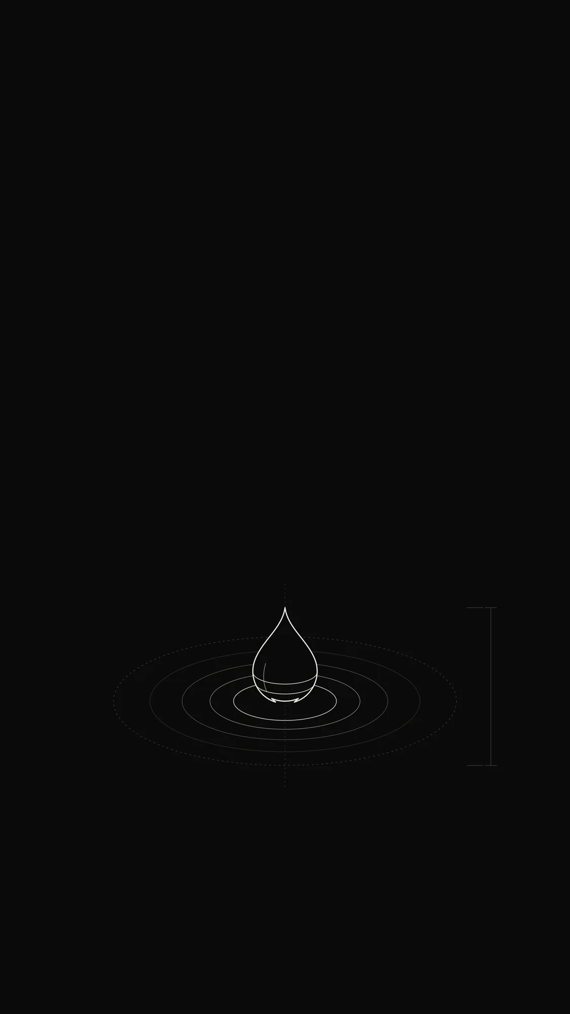 Mercury Droplet Outline: A liquid-metal droplet touching a surface with four concentric ripple rings fading outward.