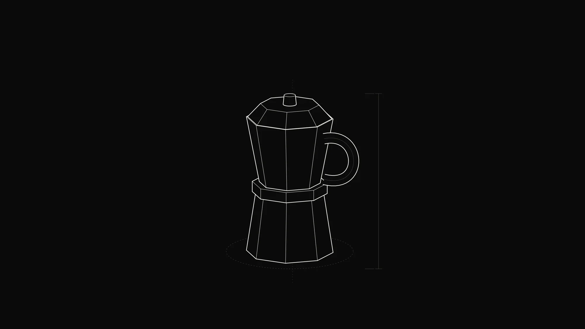 Moka Pot Outline: An eight-sided stovetop moka pot with tapered chambers, domed lid and tubular handle.