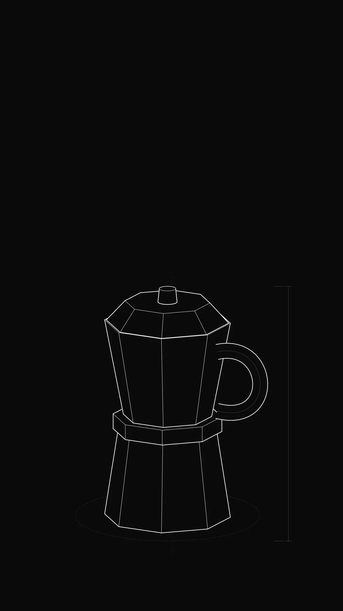Moka Pot Outline: An eight-sided stovetop moka pot with tapered chambers, domed lid and tubular handle.