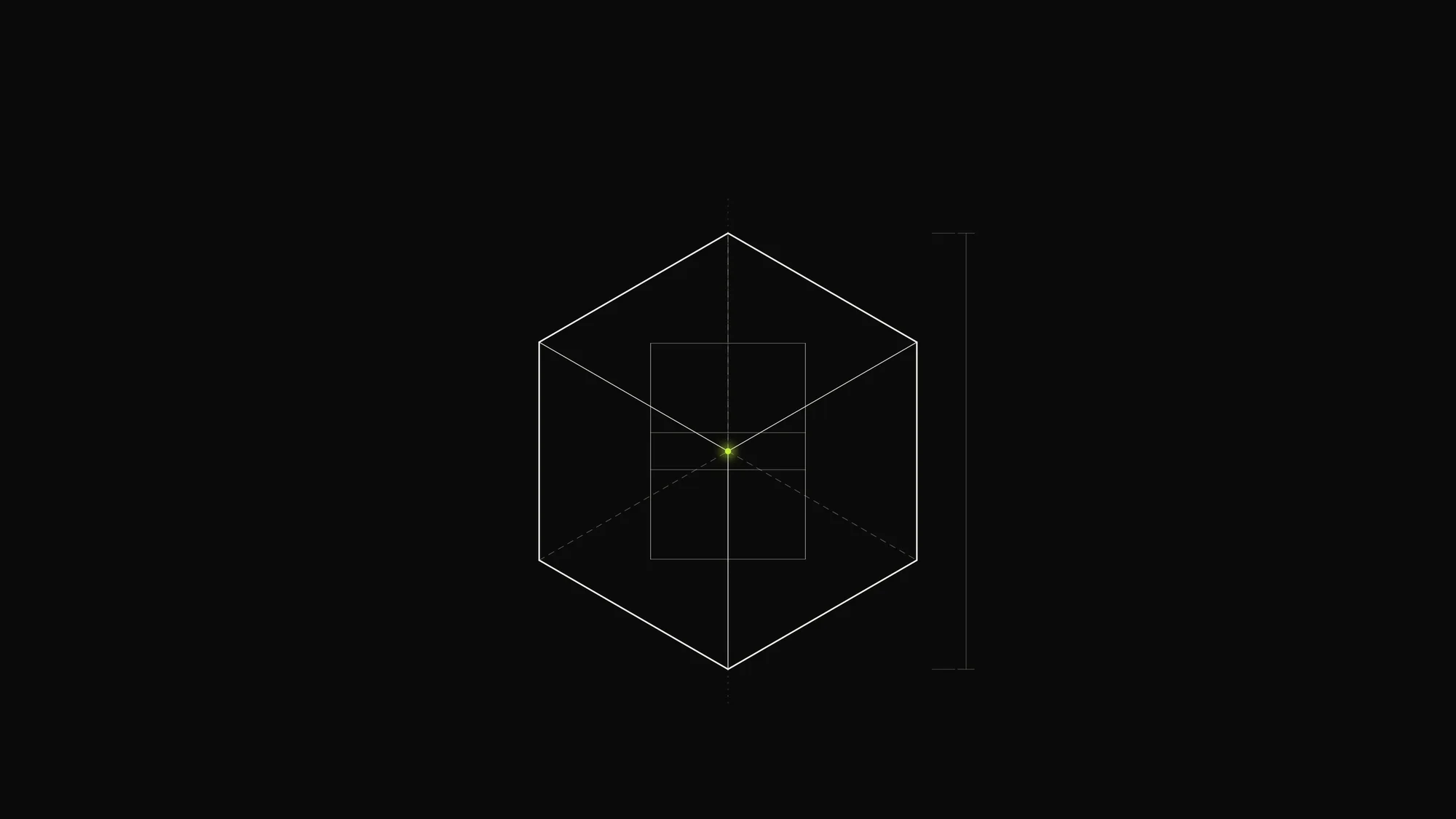 Glass Prism Cube Outline: An isometric glass cube with dashed hidden edges, a nested rotated cube and a lime corner point.