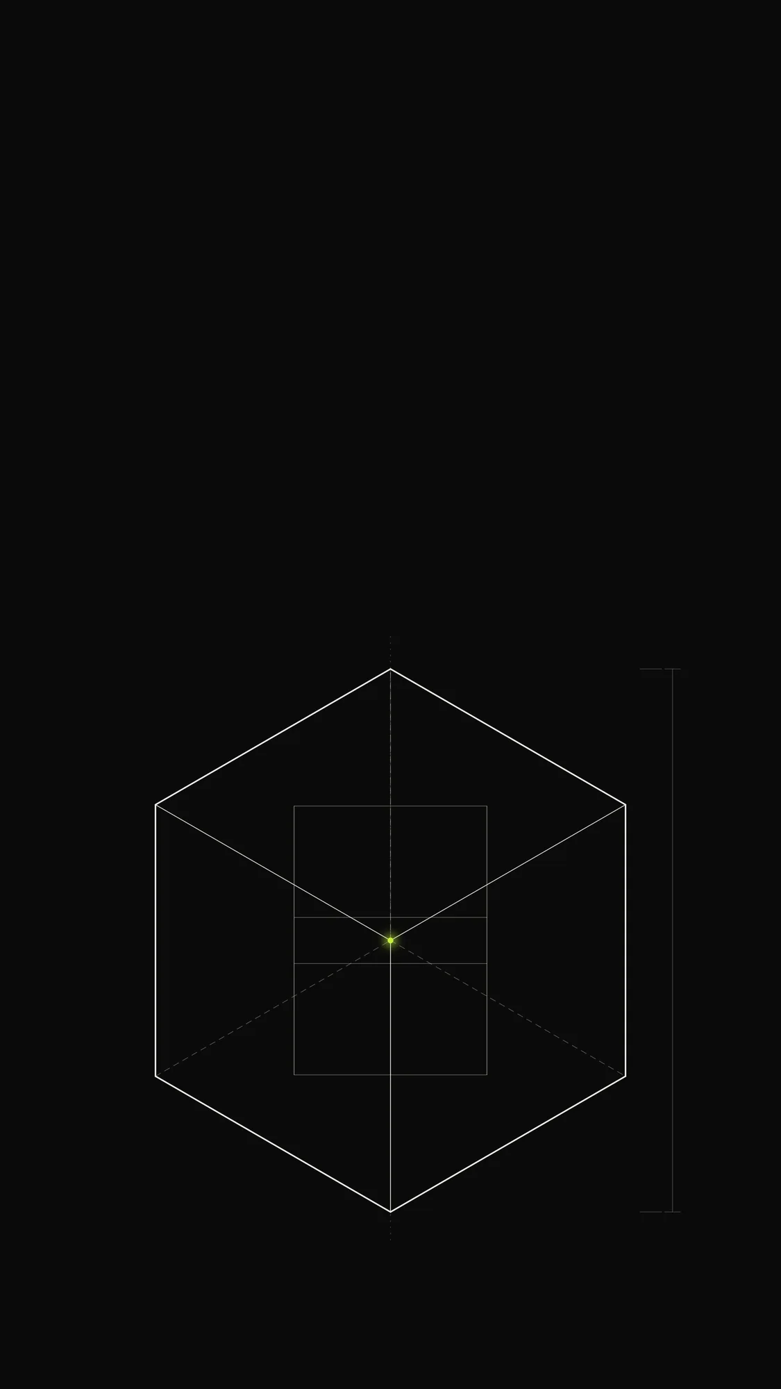 Glass Prism Cube Outline: An isometric glass cube with dashed hidden edges, a nested rotated cube and a lime corner point.