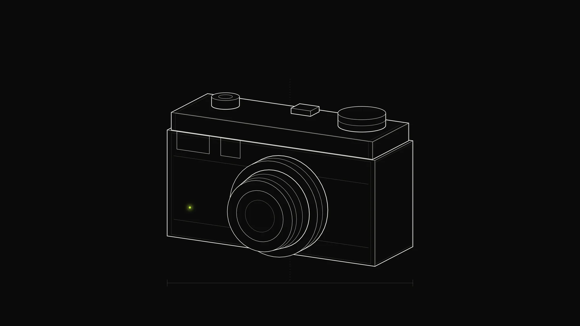 Rangefinder Camera Outline: A rangefinder-style film camera with top dials, viewfinder windows and a stacked lens barrel, plus one lime dot.