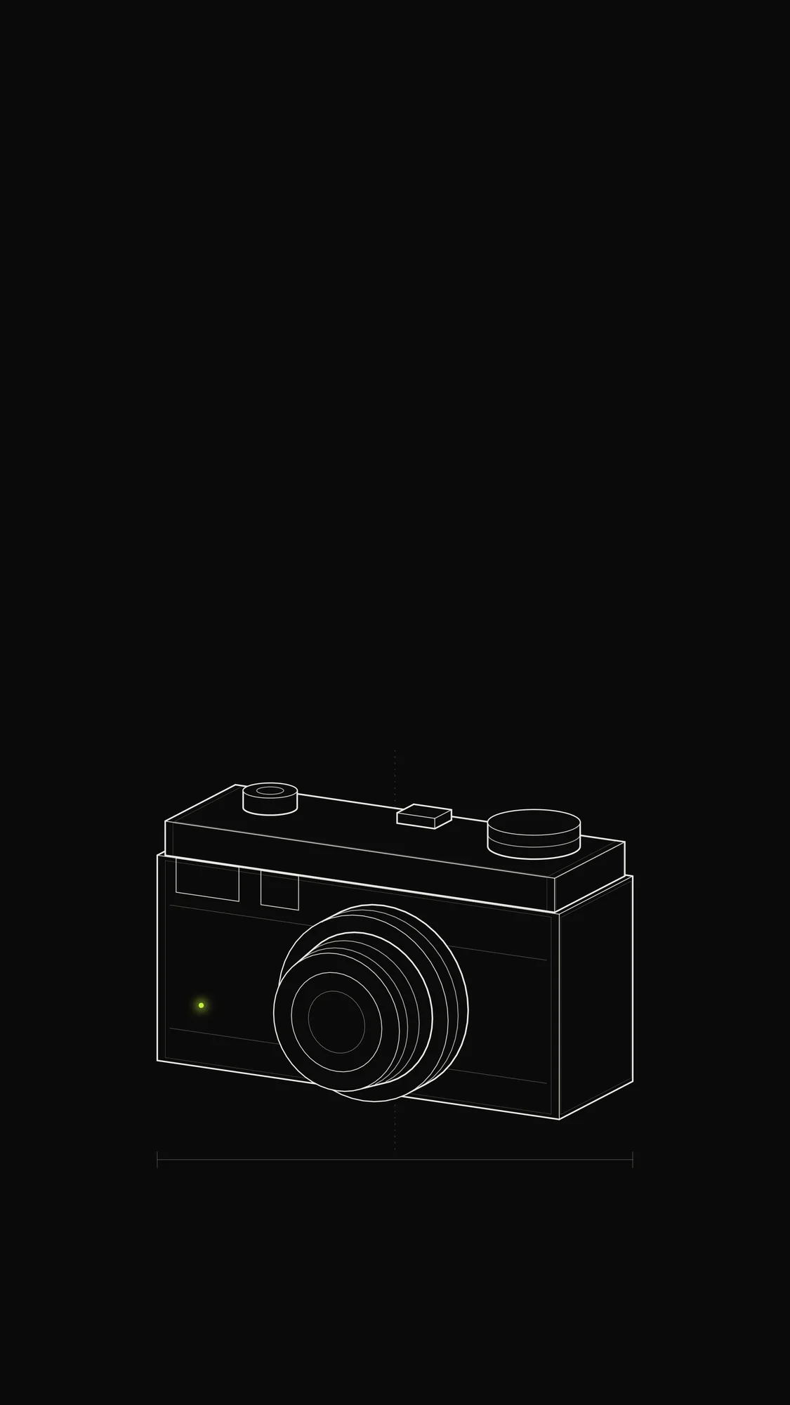 Rangefinder Camera Outline: A rangefinder-style film camera with top dials, viewfinder windows and a stacked lens barrel, plus one lime dot.