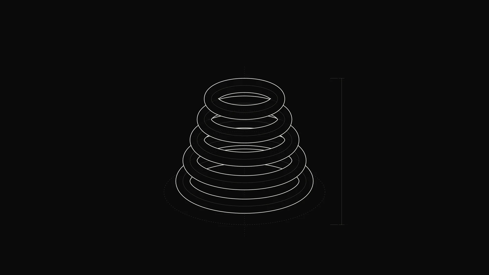 Stacked Rings Outline: Five tapering torus rings stacked into a tower, outlined with proper tube occlusion.