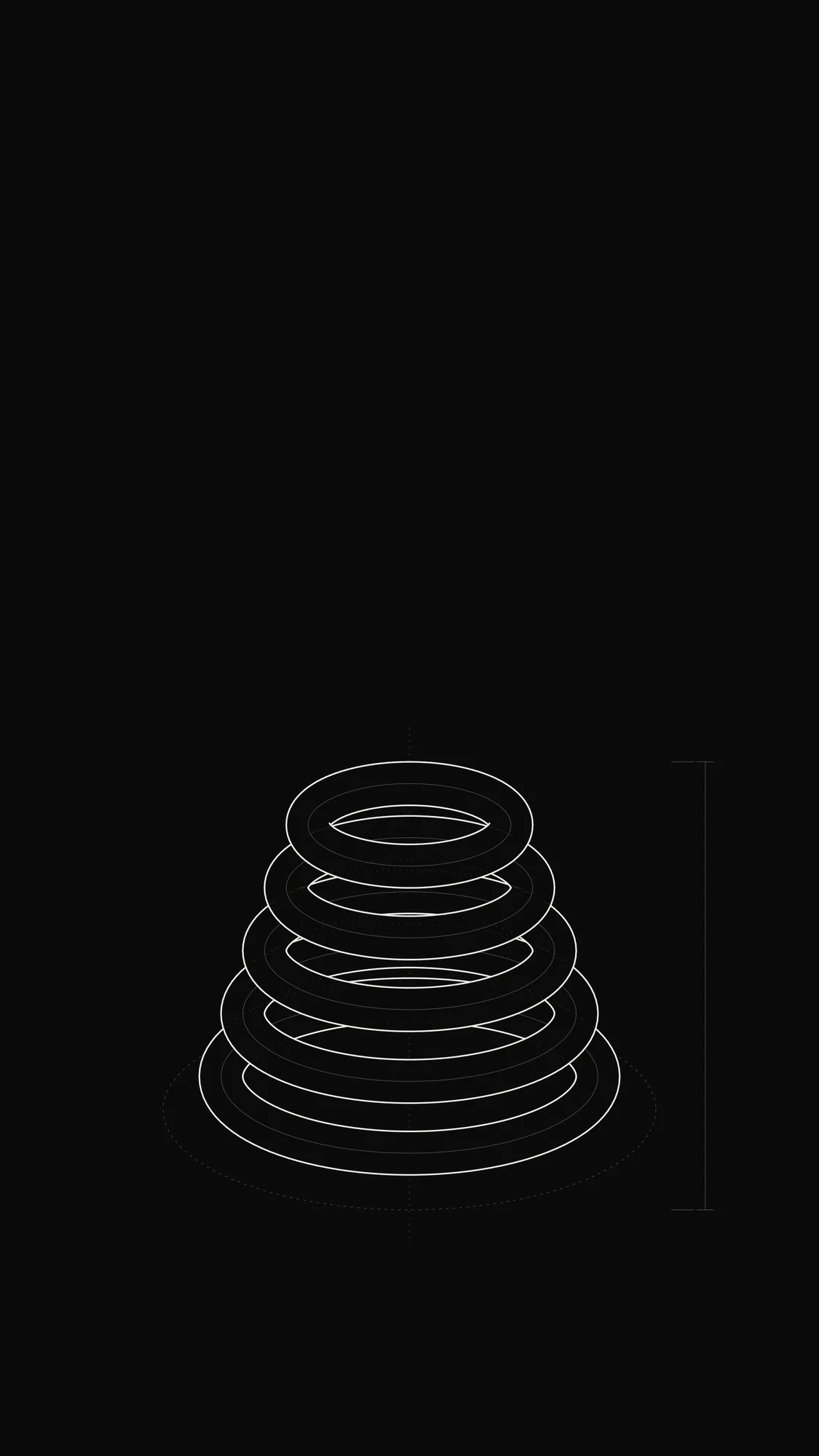 Stacked Rings Outline: Five tapering torus rings stacked into a tower, outlined with proper tube occlusion.