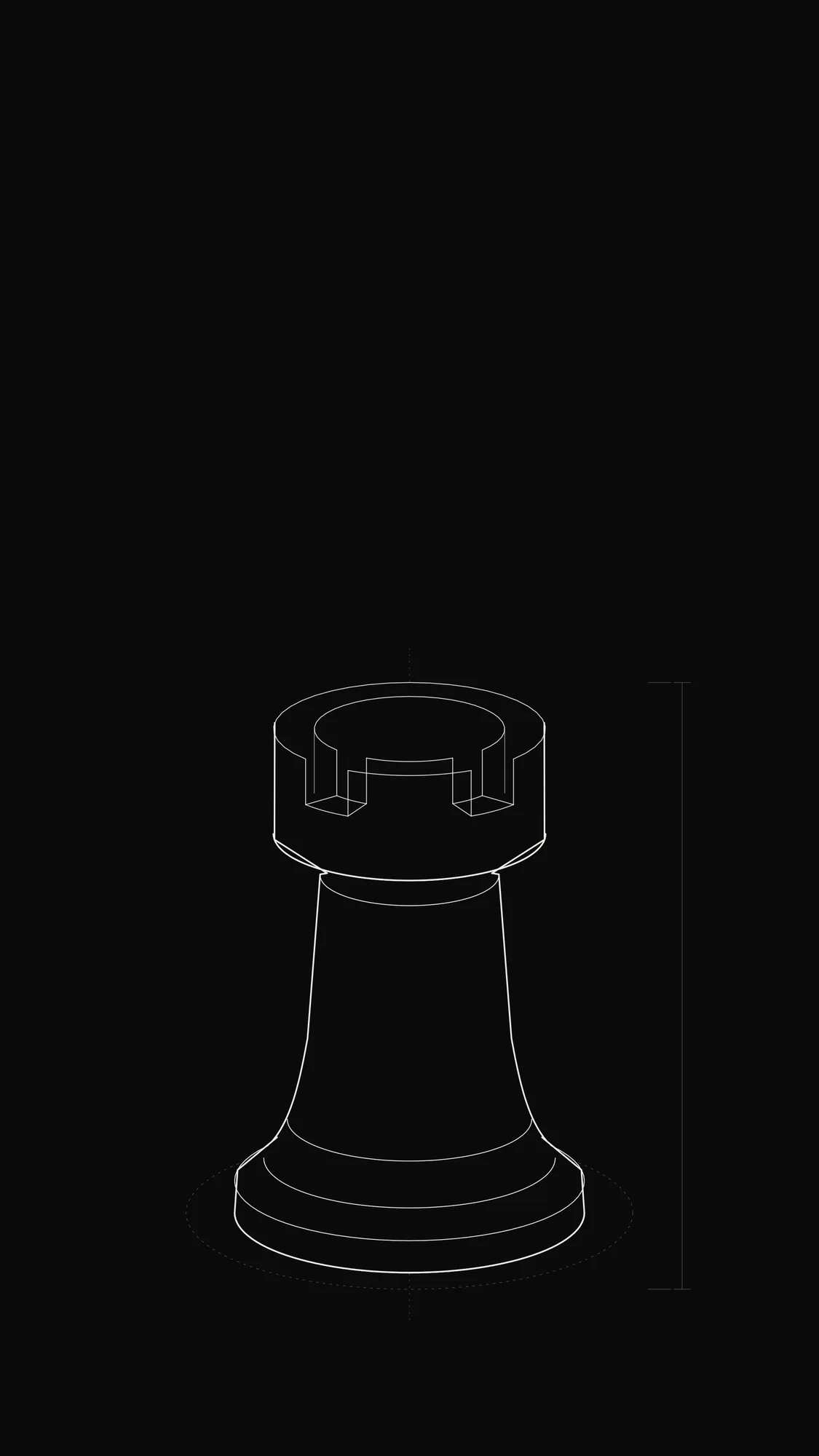 Chess Rook Outline: A chess rook with crenellated crown, collar rings and a hollow well drawn in technical outline.