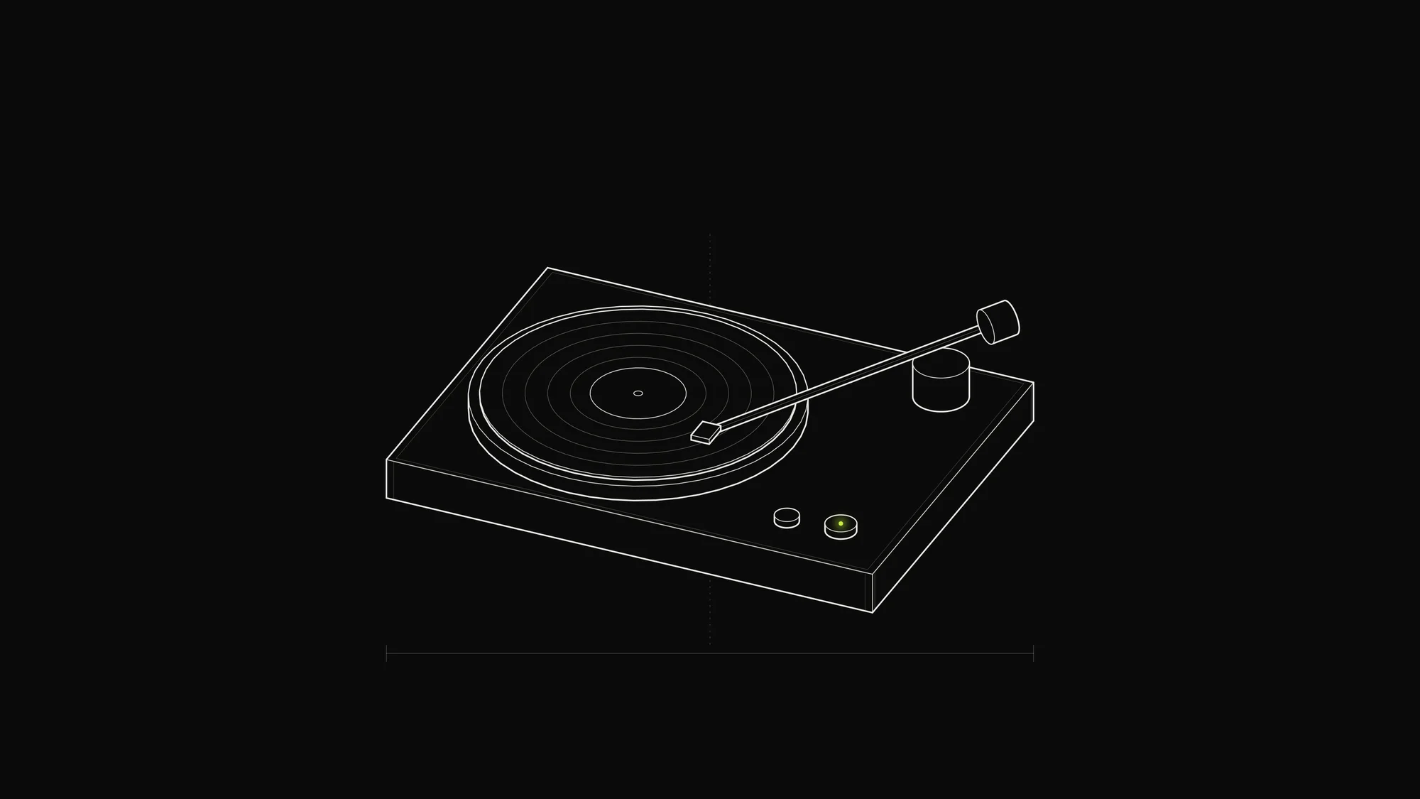 Vinyl Turntable Outline: A vinyl turntable with grooved record, tonearm and counterweight, and a lime start button.
