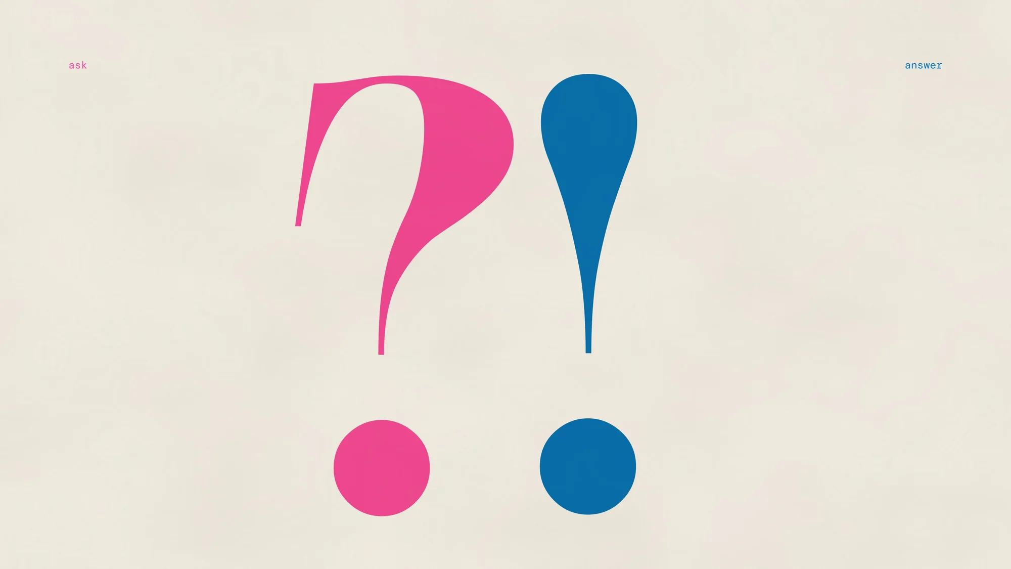Question and Exclamation (desktop): A question mark and an exclamation mark in overprinted riso pink and blue.